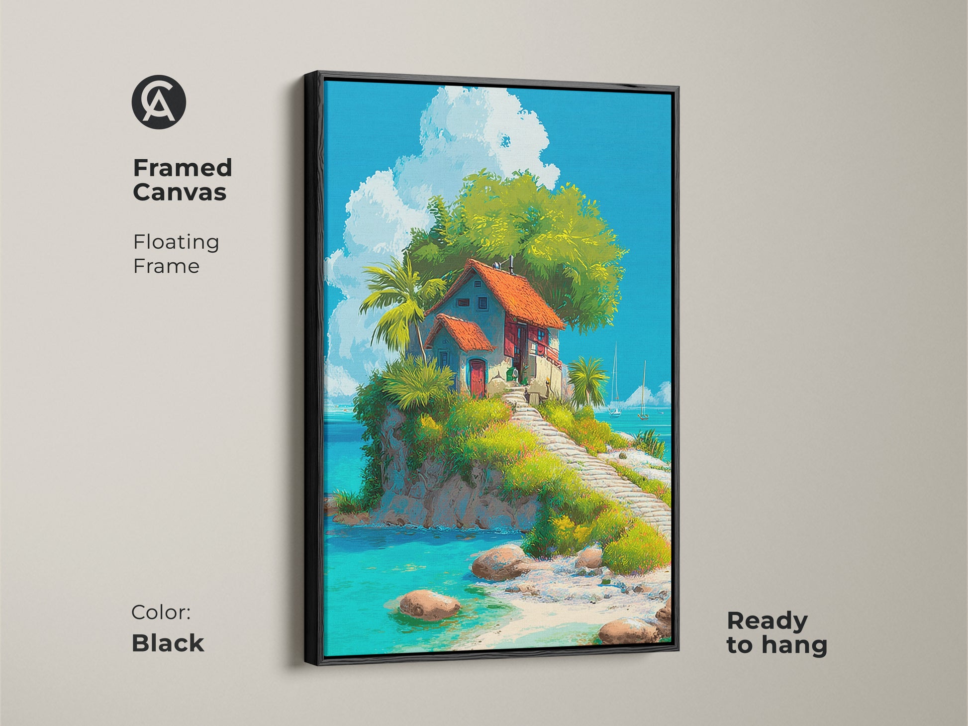 Framed canvas art with a black floating frame. The artwork shows a cozy island house. The floating frame enhances the art. The canvas is ready to hang. Add a touch of coastal charm to your home with this framed island scene. The art is perfect for any room.
