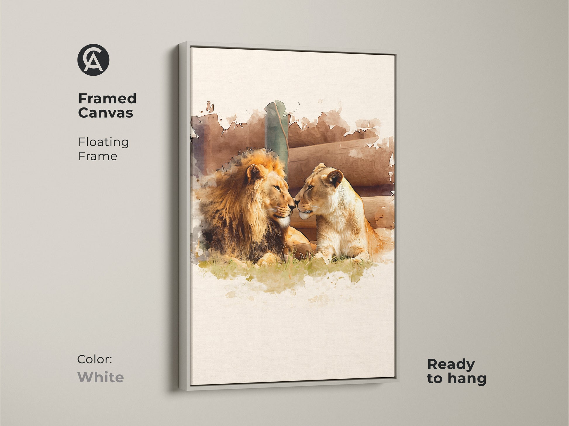 White framed canvas art displaying a watercolor lion and lioness portrait. This artistic wildlife painting adds an eclectic touch to your home. The gold and brown tones create a cozy and inviting atmosphere in any room.