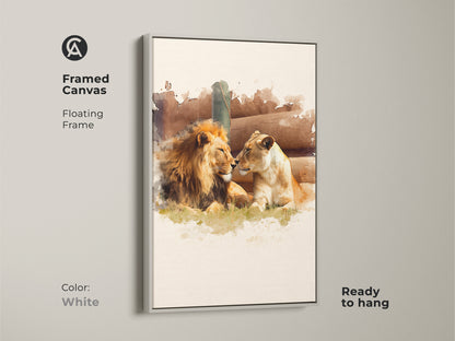 White framed canvas art displaying a watercolor lion and lioness portrait. This artistic wildlife painting adds an eclectic touch to your home. The gold and brown tones create a cozy and inviting atmosphere in any room.