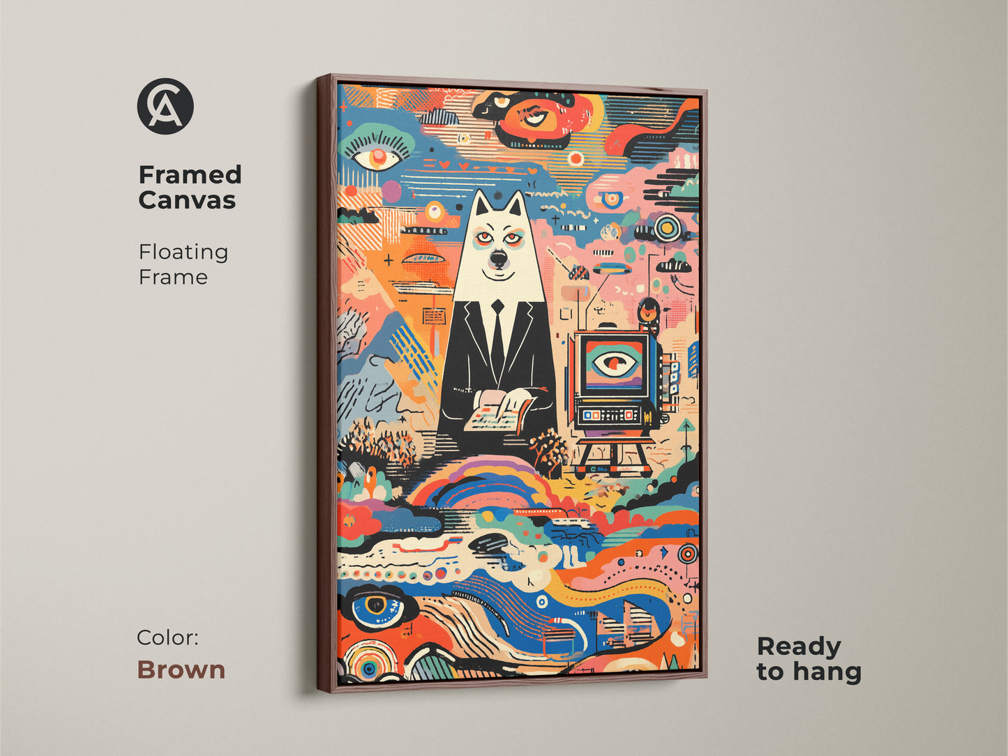 Brown framed canvas featuring a surreal dog in suit. The floating frame enhances the modern folk art. This colorful canvas is ready to hang. A perfect eclectic gift for dog and art lovers.