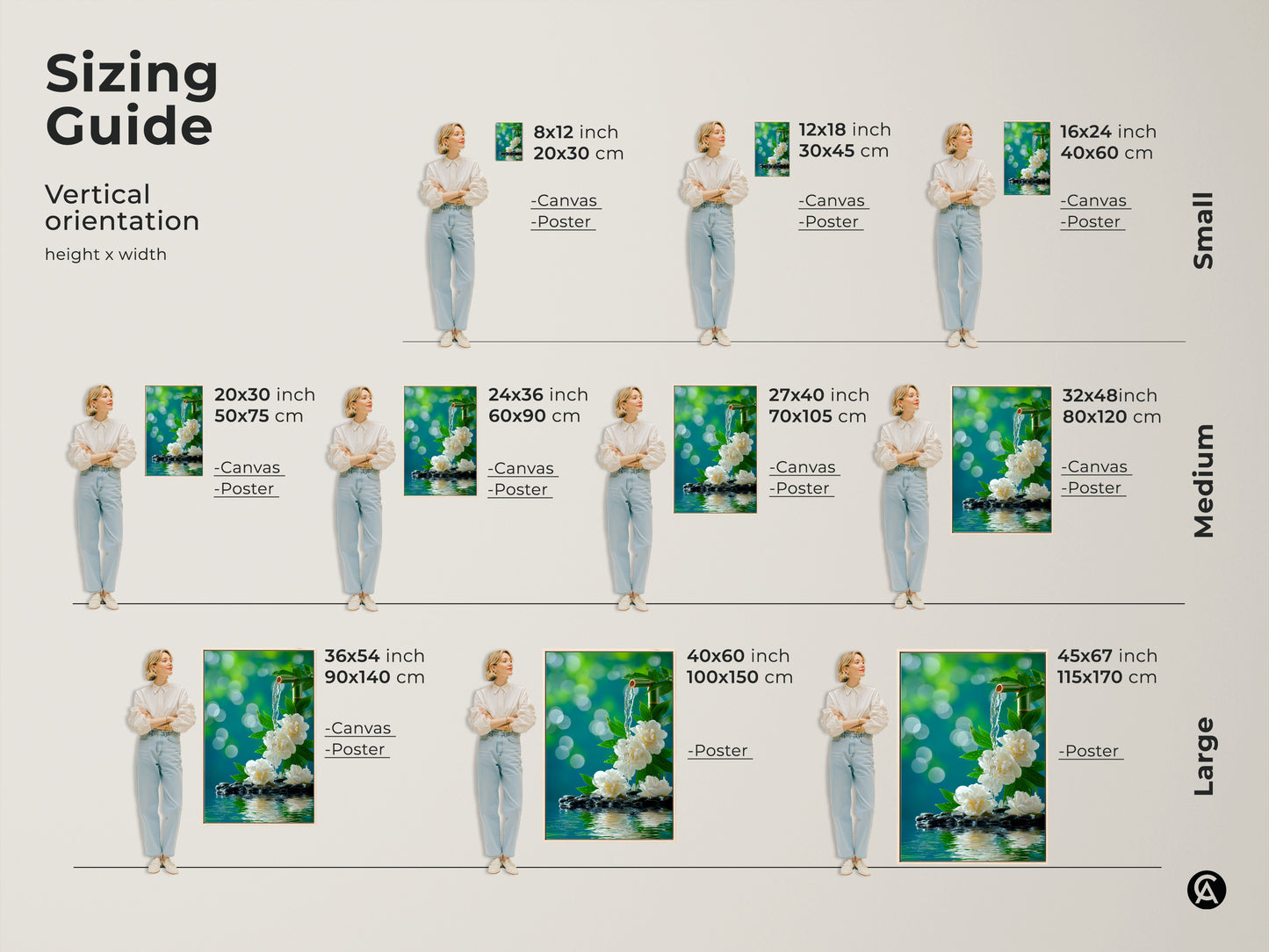 Find the perfect size with this zen artwork sizing guide. See how the art looks in various dimensions from small to large. Each size features white peonies a bamboo fountain and water flowing over stones. Visualize the ideal fit for your space.