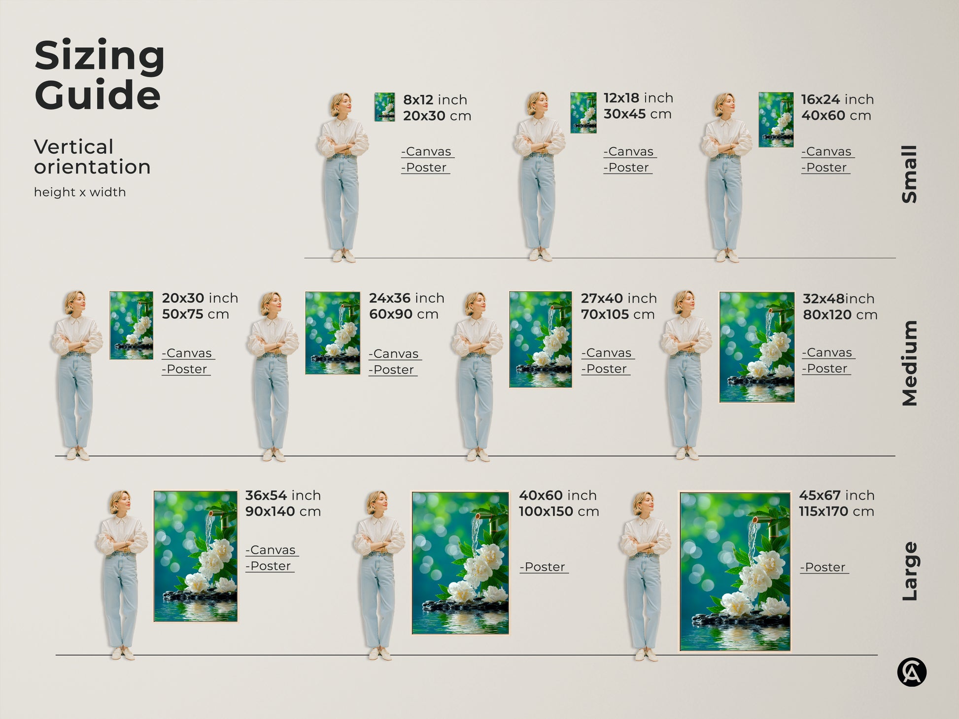 Find the perfect size with this zen artwork sizing guide. See how the art looks in various dimensions from small to large. Each size features white peonies a bamboo fountain and water flowing over stones. Visualize the ideal fit for your space.