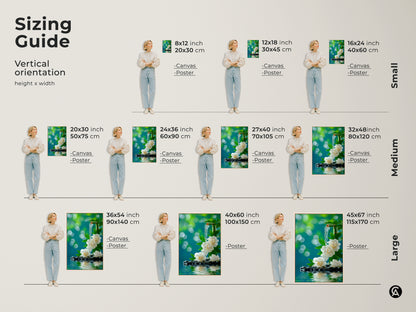 Find the perfect size with this zen artwork sizing guide. See how the art looks in various dimensions from small to large. Each size features white peonies a bamboo fountain and water flowing over stones. Visualize the ideal fit for your space.