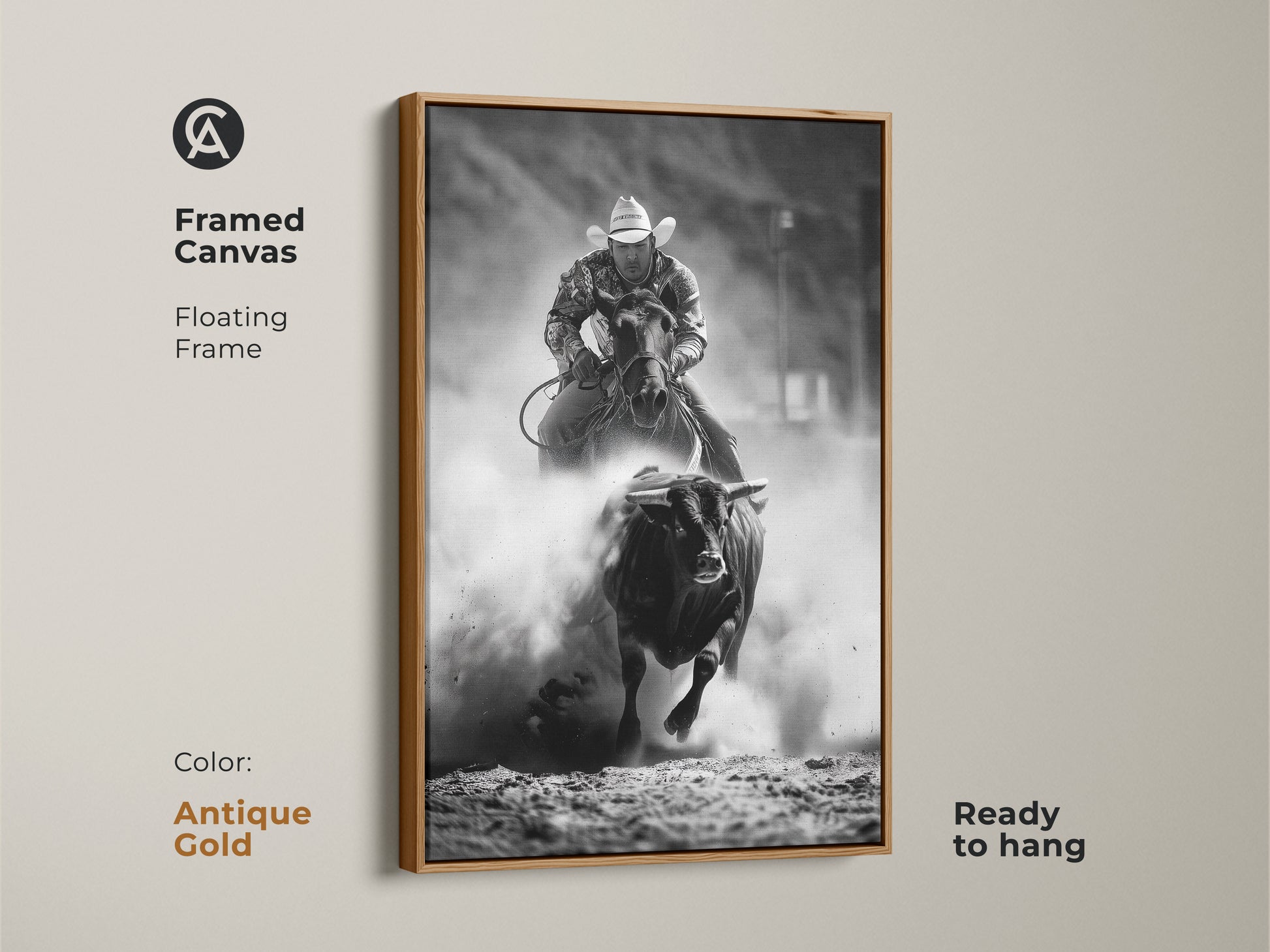 Antique Gold framed canvas with floating frame featuring black and white rodeo art. This bull riding canvas print showcases western cowboy wall art. A rustic ranch art print is ready to hang. Ideal action sports photography for man cave rodeo decor.