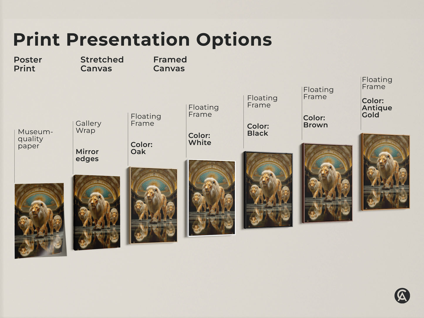 Explore our print presentation options featuring the abstract gold lion art. Choose from poster print stretched canvas or framed canvas. Find the perfect format to display this majestic animal painting in your home or office wall.