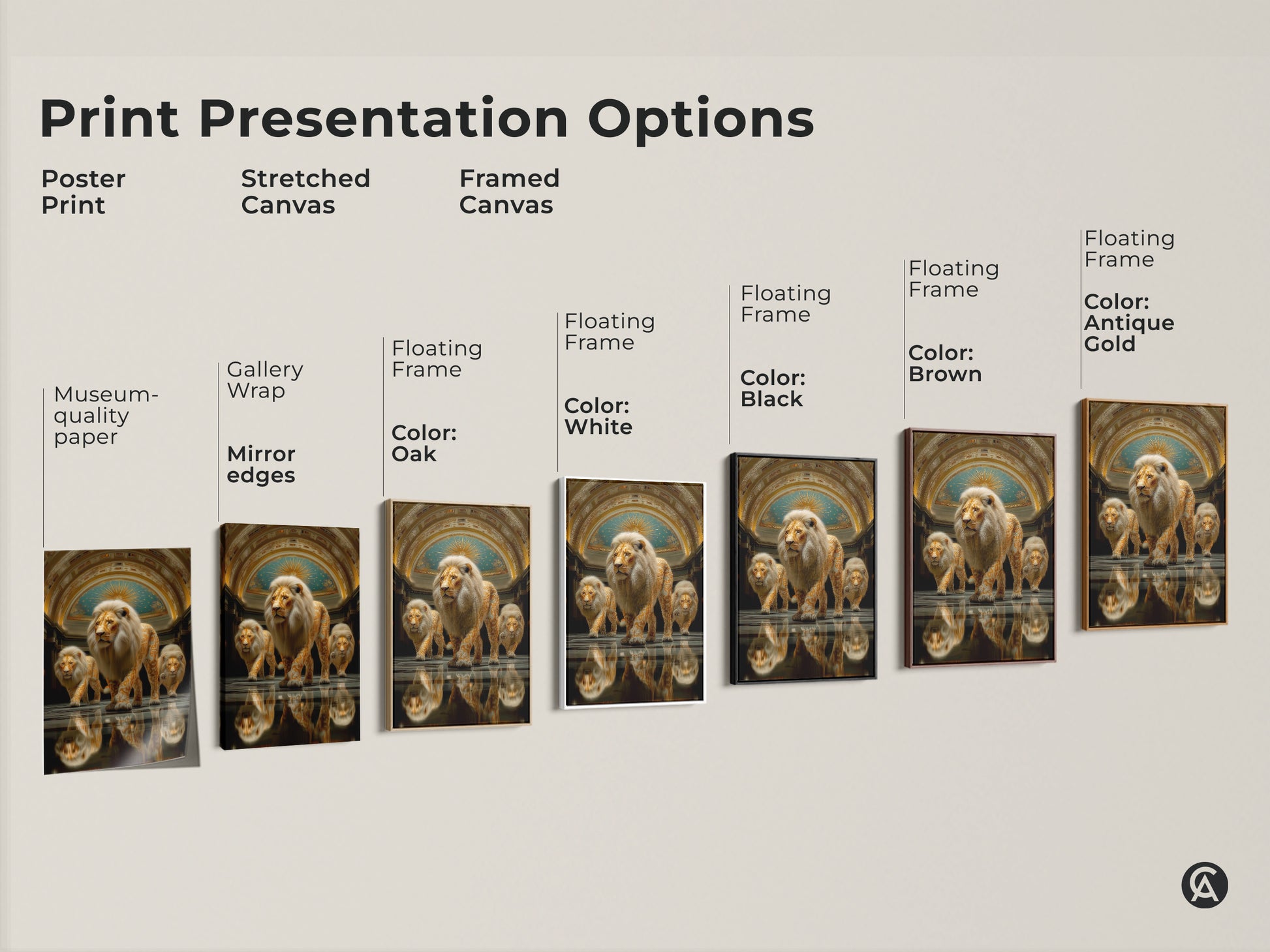 Explore our print presentation options featuring the abstract gold lion art. Choose from poster print stretched canvas or framed canvas. Find the perfect format to display this majestic animal painting in your home or office wall.