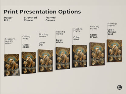 Explore our print presentation options featuring the abstract gold lion art. Choose from poster print stretched canvas or framed canvas. Find the perfect format to display this majestic animal painting in your home or office wall.