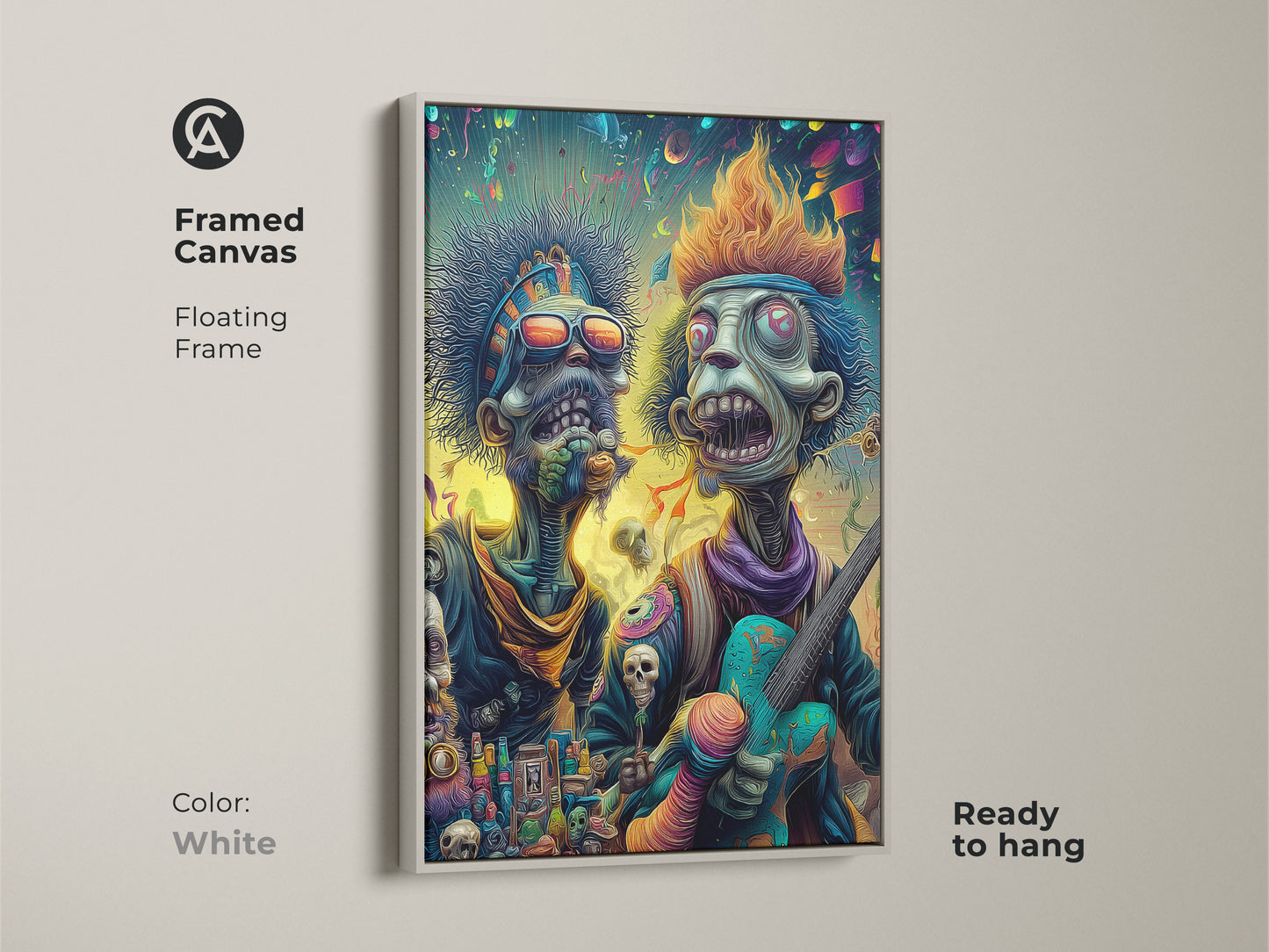 Framed canvas art featuring two zombie musicians in white floating frame. The artwork is ready to hang. This unique art piece is perfect for adding a touch of punk rock style to your space.