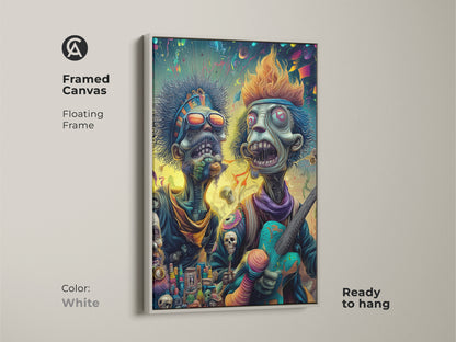 Framed canvas art featuring two zombie musicians in white floating frame. The artwork is ready to hang. This unique art piece is perfect for adding a touch of punk rock style to your space.