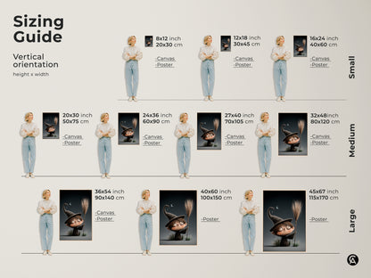 Sizing guide for vertical cute cartoon witch canvas and poster prints. Decorate your space with spooky nursery wall art. Find the perfect size for your kids room. This dark academia gift and kids fantasy art comes in various dimensions. Transform your wall with unique witch aesthetic art.