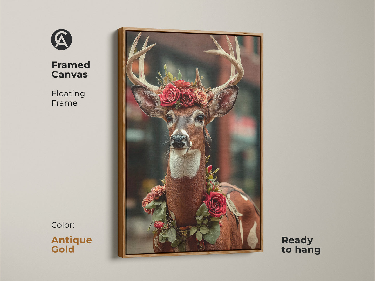 Framed canvas featuring a deer with a crown of red roses in an antique gold floating frame. This artistic deer portrait comes ready to hang. An artistic piece is perfect for eclectic or fall woodland wall decor.