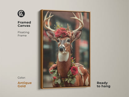 Framed canvas featuring a deer with a crown of red roses in an antique gold floating frame. This artistic deer portrait comes ready to hang. An artistic piece is perfect for eclectic or fall woodland wall decor.