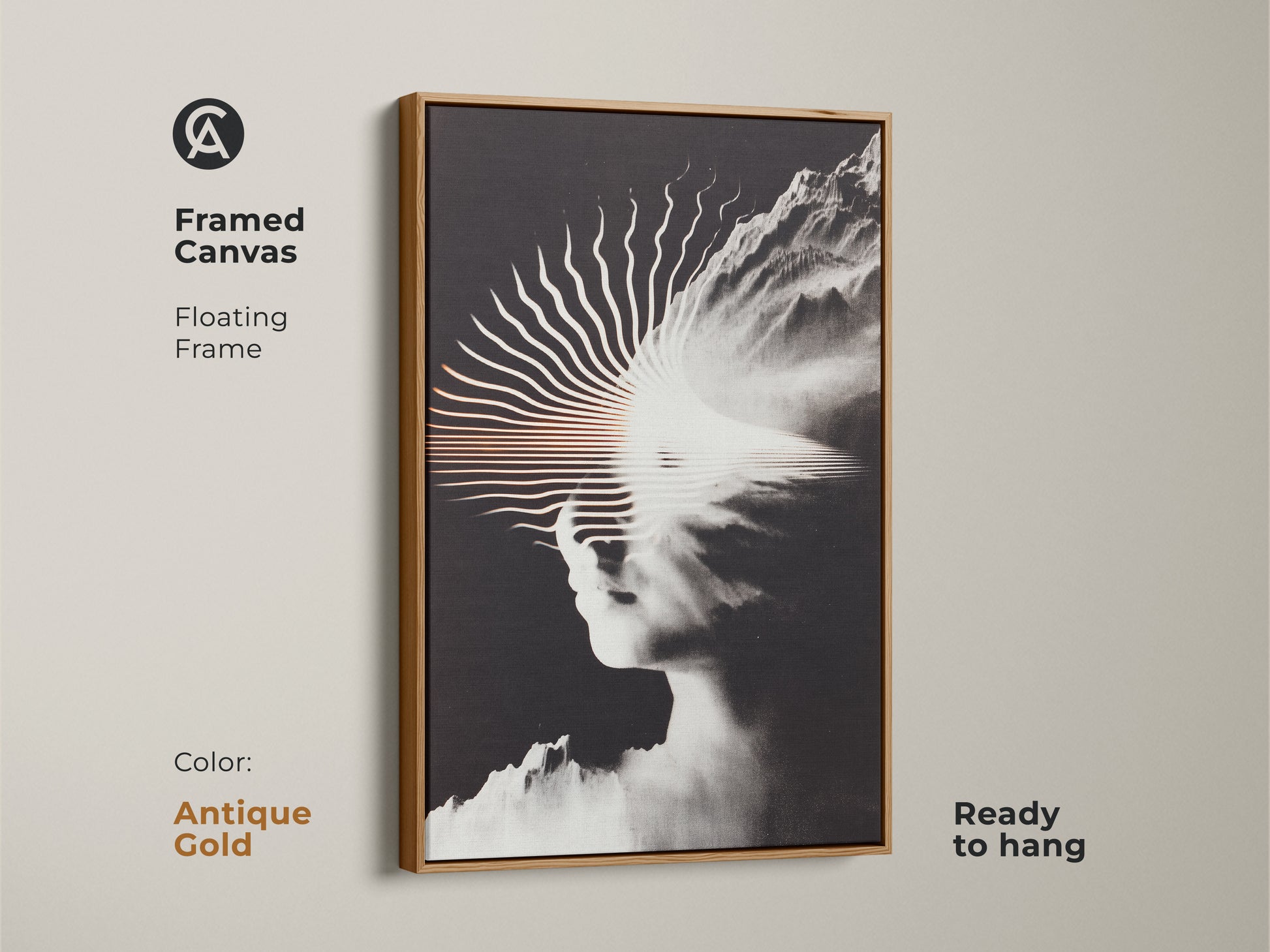 Antique gold frames this surreal black and white canvas art featuring a face and mountain blend. The artwork adds a modern touch to any space. This framed piece is ready to hang. Ideal for contemporary decor in homes or offices creating a sophisticated focal point.