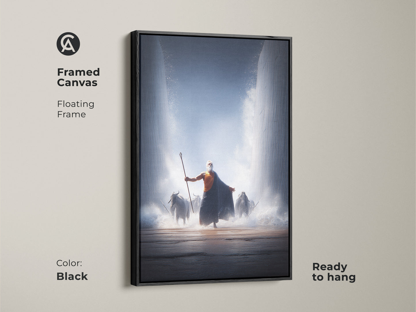 A framed canvas features Moses parting the Red Sea. A floating black frame enhances this biblical artwork. The piece is ready to hang. The epic bible scene uses dark blue and orange. This religious wall decor is perfect for a study room or office. It’s a unique gift. The canvas captures divine intervention.