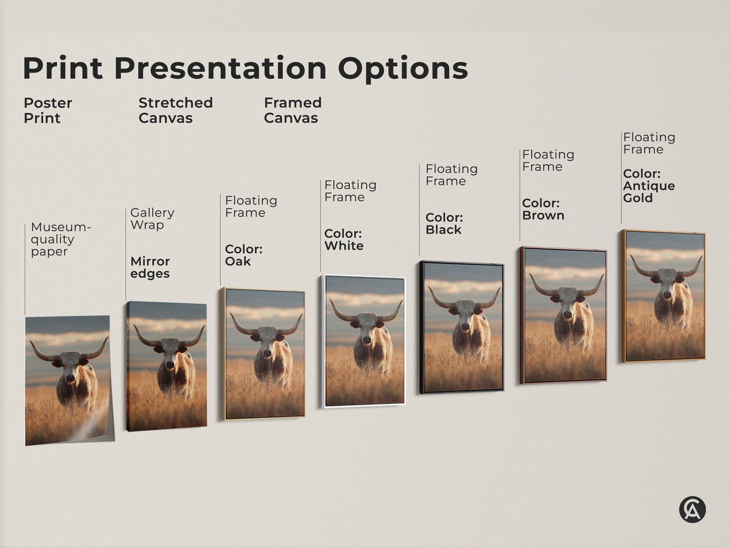 Explore print presentation options for longhorn cattle artwork. Choose from poster prints or stretched canvas with various floating frame colors. Perfect farmhouse and western ranch decor art.