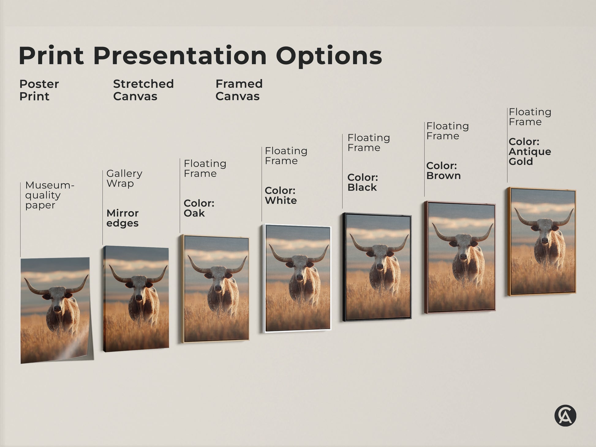 Explore print presentation options for longhorn cattle artwork. Choose from poster prints or stretched canvas with various floating frame colors. Perfect farmhouse and western ranch decor art.