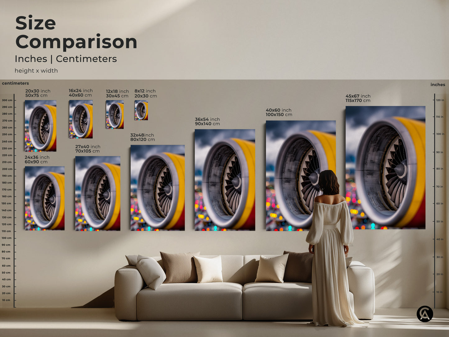 Size comparison of industrial jet engine art in inches and centimeters. See how various sizes fit above a sofa. Options include 16x24 20x30 24x36 36x54 40x60 and 45x67 inches. Find the perfect scale for your loft style or modern office wall decor.