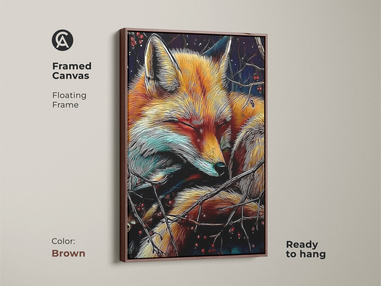 A framed canvas displays the sleeping fox artwork. It has a floating frame that comes in brown. This wildlife artwork would add a cozy autumn touch. It is a rich color animal art. It can be a unique gift for nature lover. Get yours today.