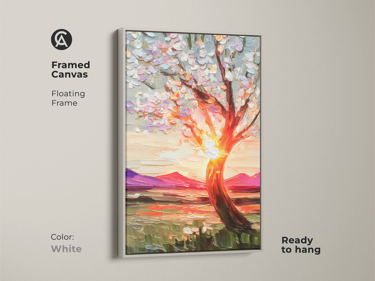 Framed canvas art showcases a textured impressionist blooming tree art against a fiery sunset with a white floating frame. This artwork is a perfect piece of boho home decoration adding warmth to any space. The vibrant nature decor is a thoughtful housewarming gift art print.
