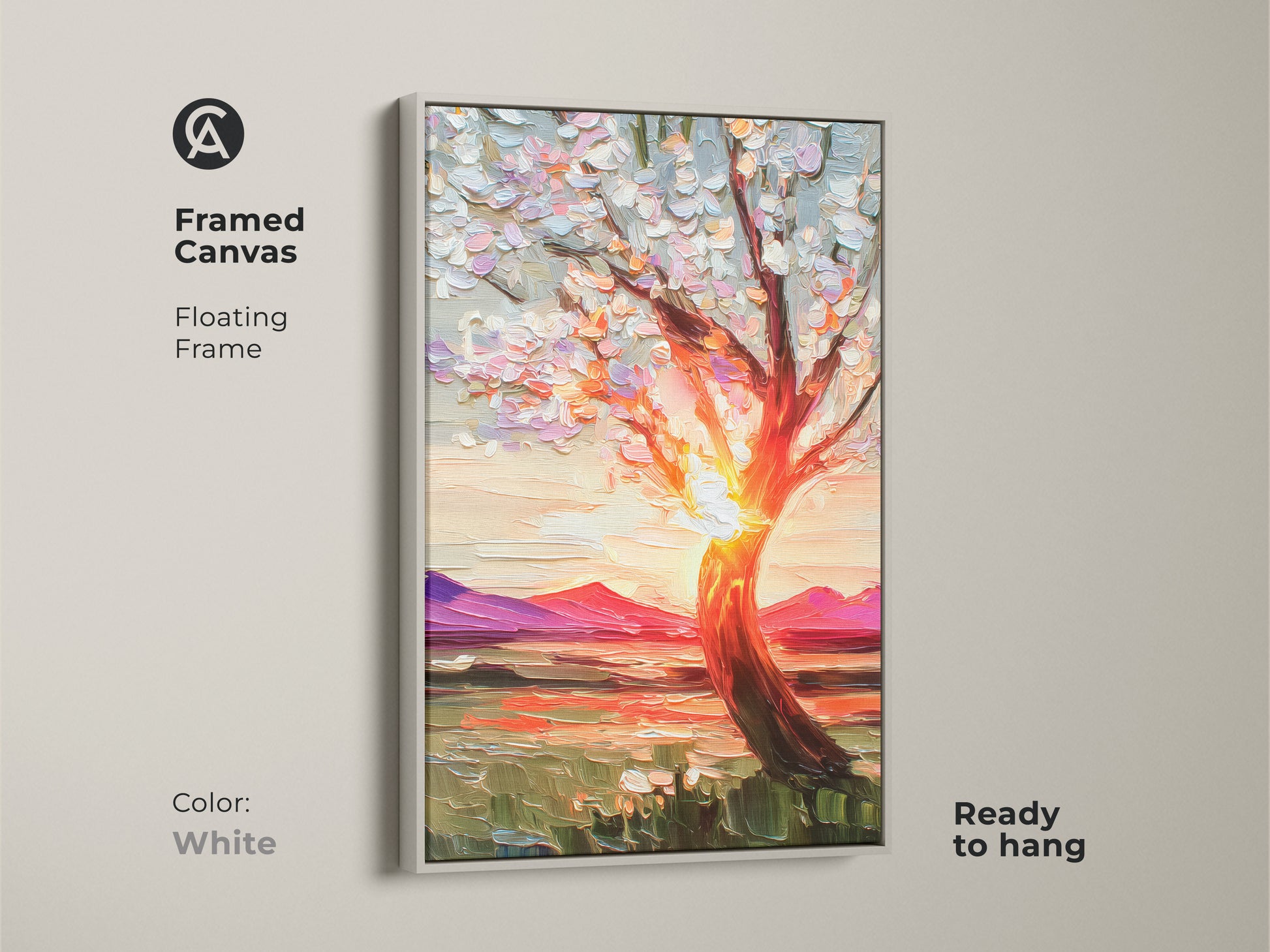 Framed canvas art showcases a textured impressionist blooming tree art against a fiery sunset with a white floating frame. This artwork is a perfect piece of boho home decoration adding warmth to any space. The vibrant nature decor is a thoughtful housewarming gift art print.