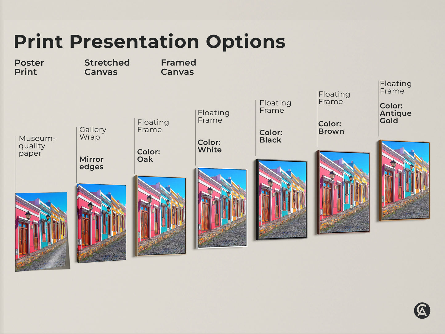 Explore print presentation options for this cityscape art print. Choose from a poster print or a stretched or framed canvas. Museum-quality paper gallery wrap and floating frame options available. Personalize the colorful houses art to match your decor. Options include black brown antique gold or white frames. Perfect eclectic home decor.