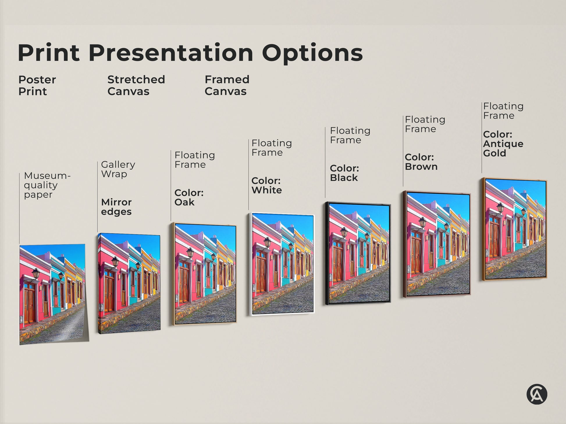 Explore print presentation options for this cityscape art print. Choose from a poster print or a stretched or framed canvas. Museum-quality paper gallery wrap and floating frame options available. Personalize the colorful houses art to match your decor. Options include black brown antique gold or white frames. Perfect eclectic home decor.