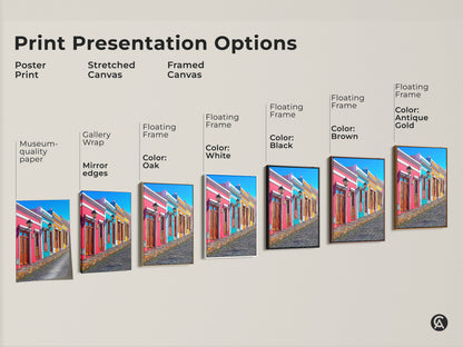 Explore print presentation options for this cityscape art print. Choose from a poster print or a stretched or framed canvas. Museum-quality paper gallery wrap and floating frame options available. Personalize the colorful houses art to match your decor. Options include black brown antique gold or white frames. Perfect eclectic home decor.