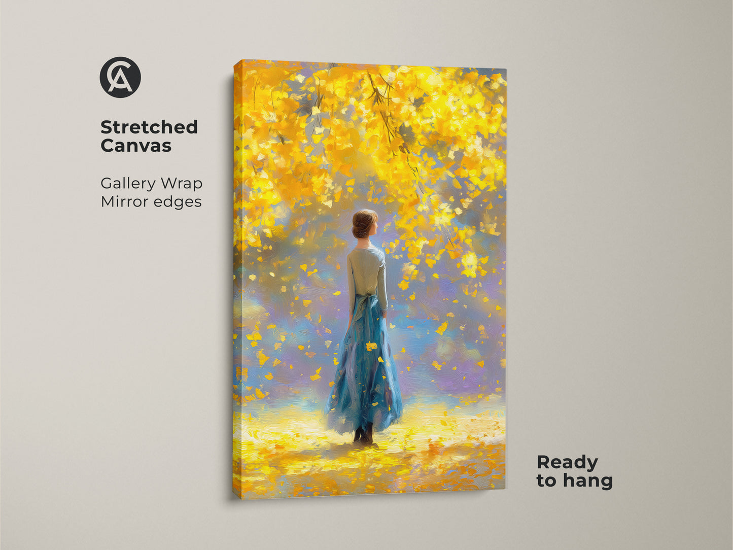 Stretched canvas artwork displaying a woman in a blue dress beneath a vibrant yellow tree. The gallery wrap and mirrored edges offer a modern touch. Ready to hang this piece provides a seamless and stylish art solution for your home. Elevate your interior with this captivating artwork.