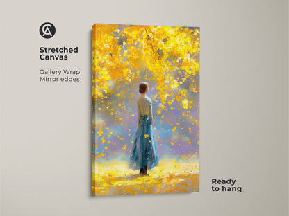Stretched canvas artwork displaying a woman in a blue dress beneath a vibrant yellow tree. The gallery wrap and mirrored edges offer a modern touch. Ready to hang this piece provides a seamless and stylish art solution for your home. Elevate your interior with this captivating artwork.