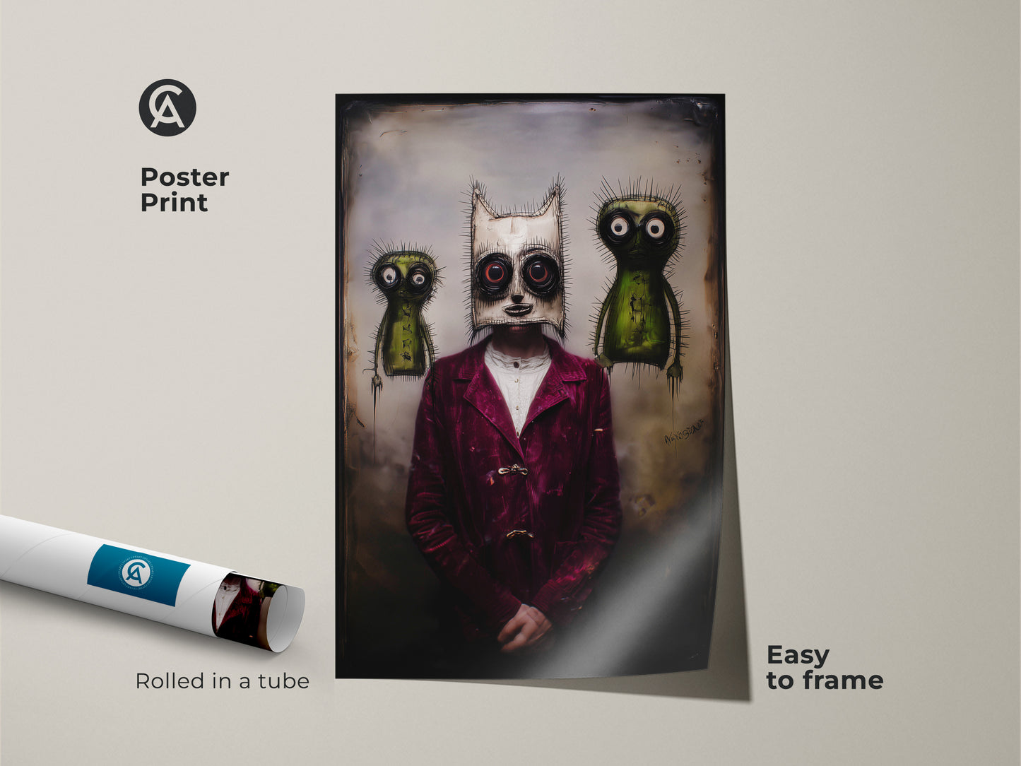 This poster print features surreal character painting. The gothic mask art is flanked by two creatures. Rolled in a tube it is easy to frame. The burgundy green art print suits eclectic home decor. It will add dark humor to any space. It's a unique piece of alternative wall hanging.