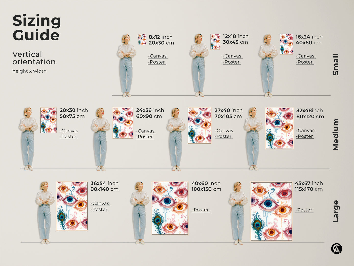 Sizing guide for vertical art orientation. The abstract floral swirls print is featured. It is shown in canvas and poster options. Find the size to fit your eclectic home decor needs.