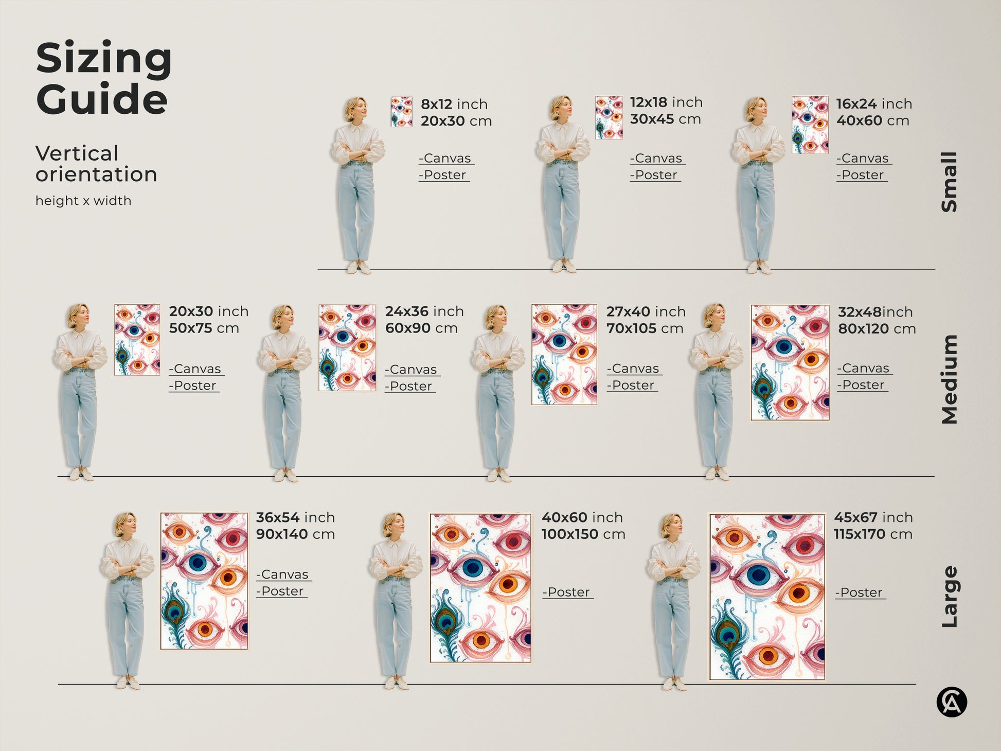 Sizing guide for vertical art orientation. The abstract floral swirls print is featured. It is shown in canvas and poster options. Find the size to fit your eclectic home decor needs.