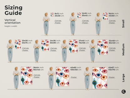 Sizing guide for vertical art orientation. The abstract floral swirls print is featured. It is shown in canvas and poster options. Find the size to fit your eclectic home decor needs.