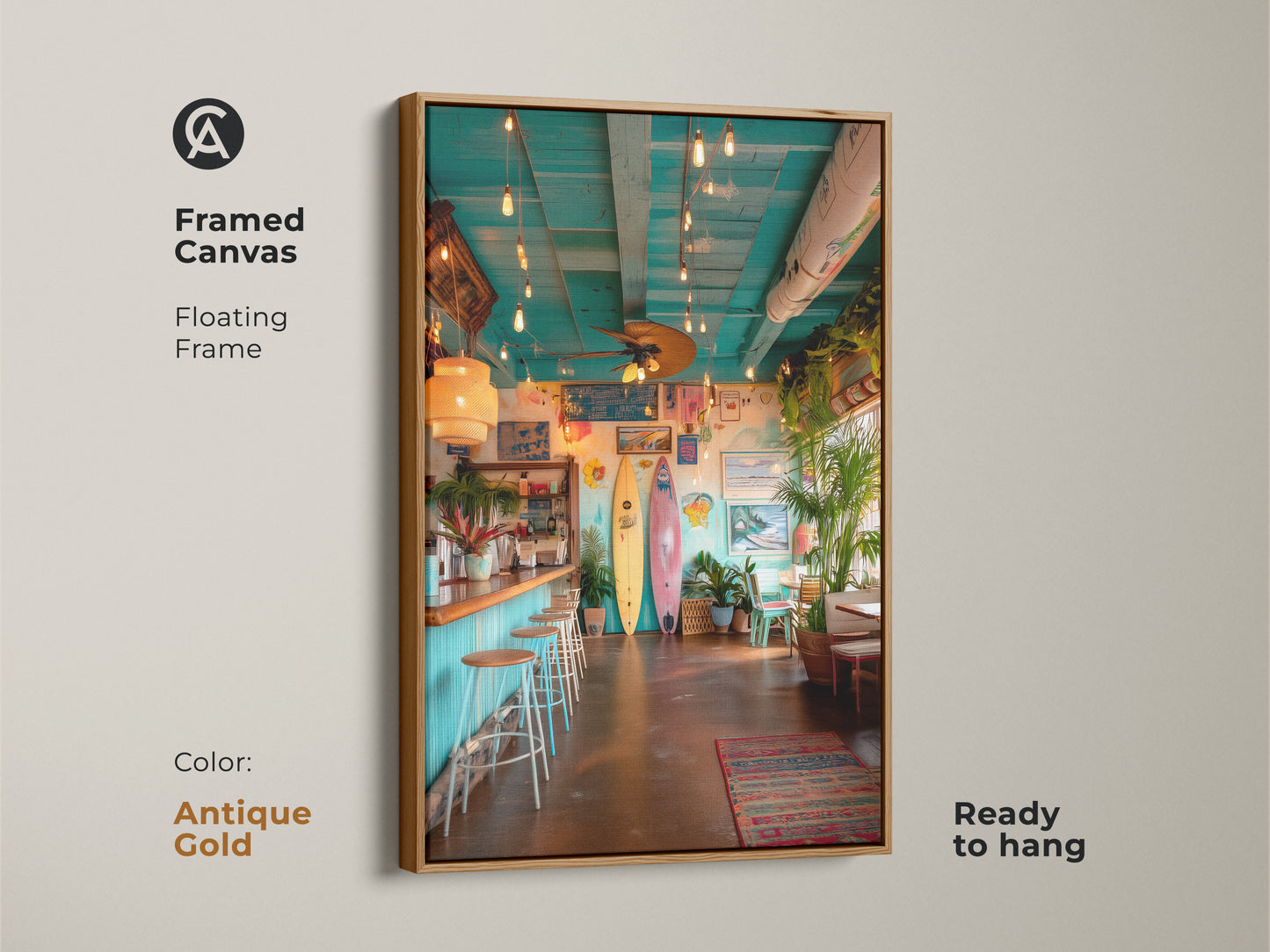 Add a touch of elegance with this antique gold framed canvas art. The surf shack scene brings a coastal vibe. The floating frame enhances the artwork. This ready to hang piece features vibrant colors and tropical details. Perfect for adding a unique touch to your home decor.