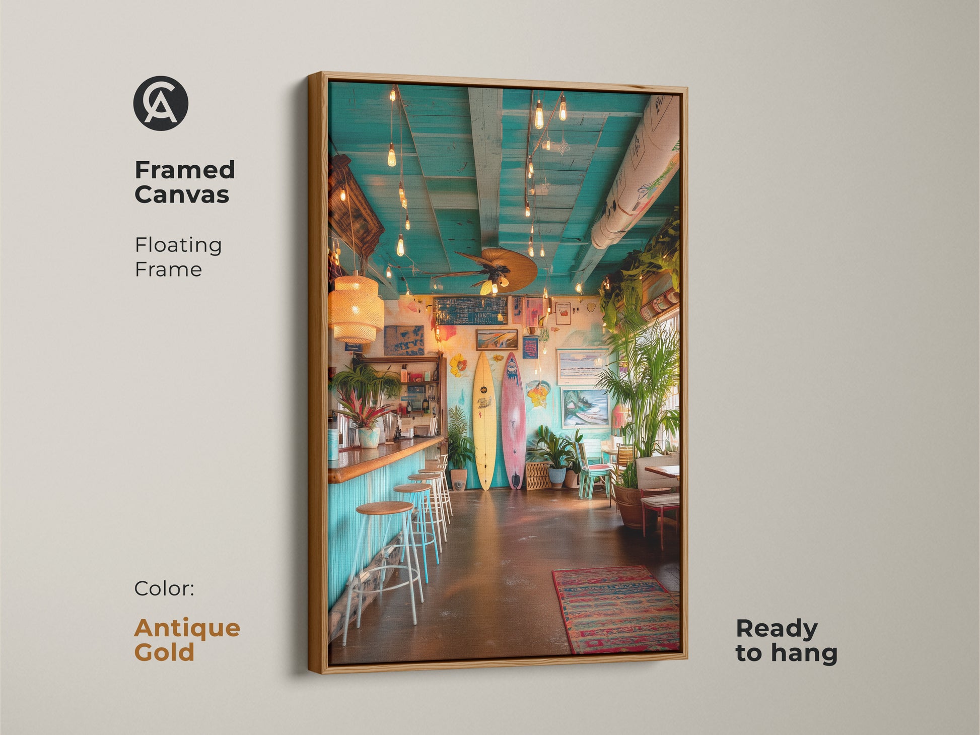 Add a touch of elegance with this antique gold framed canvas art. The surf shack scene brings a coastal vibe. The floating frame enhances the artwork. This ready to hang piece features vibrant colors and tropical details. Perfect for adding a unique touch to your home decor.