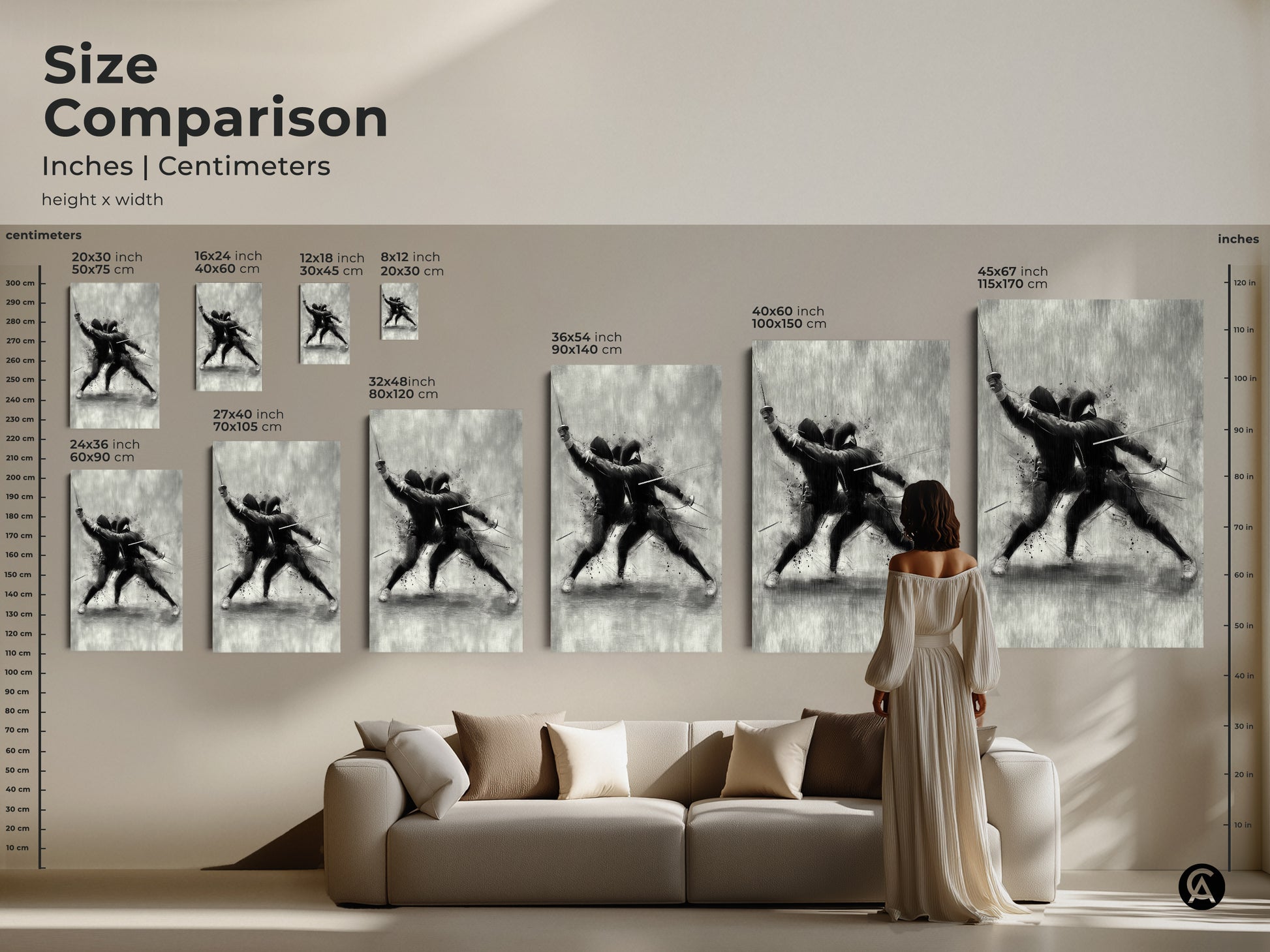 Size comparison of fencing artwork in inches and centimeters. See the art displayed in various sizes above a sofa. This modern sketch wall art is a black and white sports decor piece. Perfect as a gift for fencers.