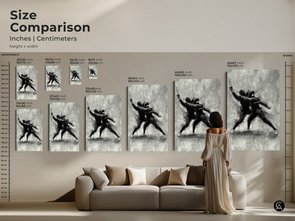 Size comparison of fencing artwork in inches and centimeters. See the art displayed in various sizes above a sofa. This modern sketch wall art is a black and white sports decor piece. Perfect as a gift for fencers.