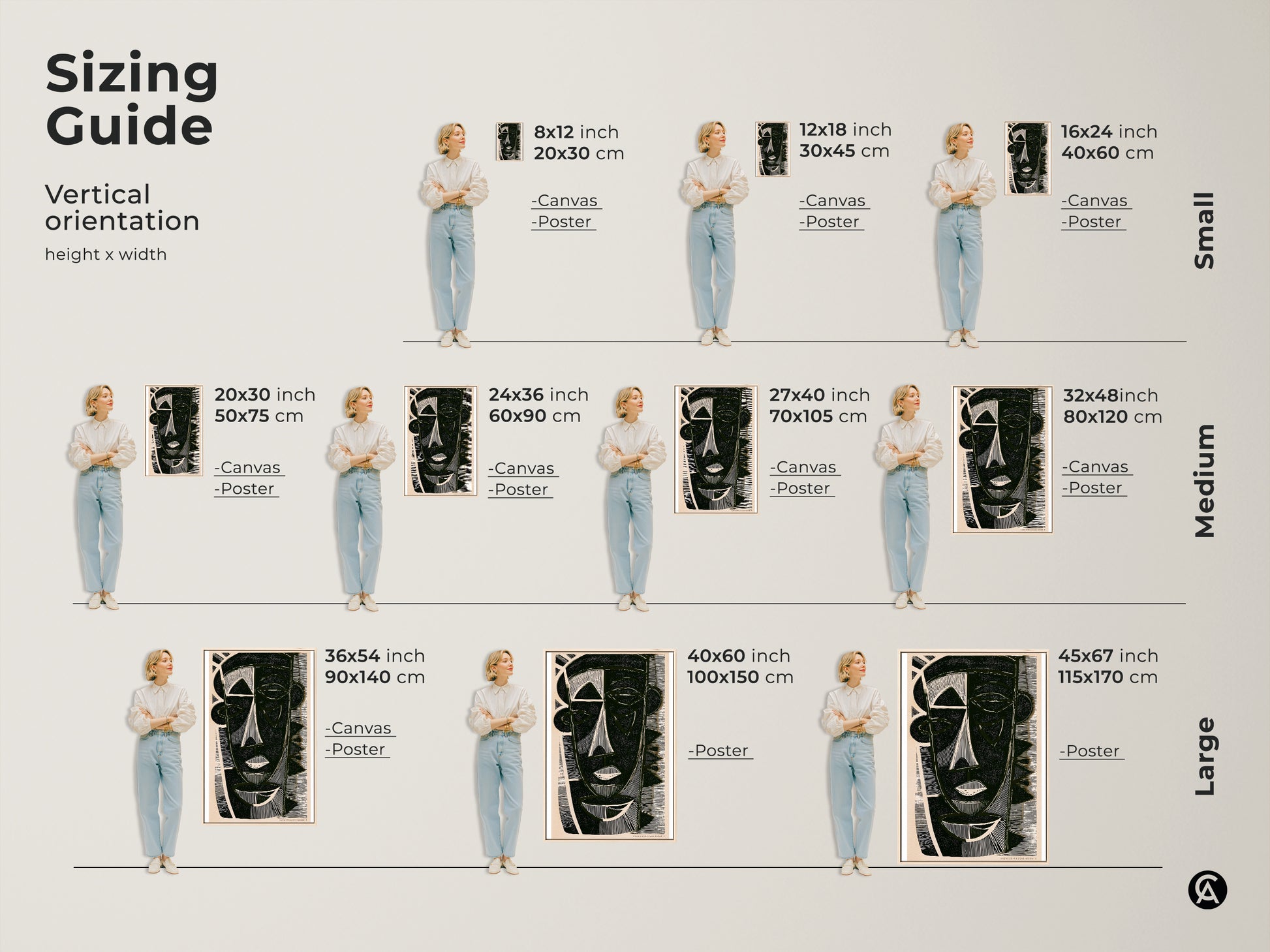 Sizing guide for vertical geometric face canvas prints and posters. Available in small medium and large sizes. Perfect for adding an artistic touch to any room with abstract face painting.