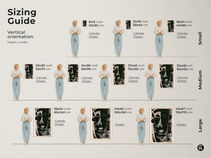 Sizing guide for vertical geometric face canvas prints and posters. Available in small medium and large sizes. Perfect for adding an artistic touch to any room with abstract face painting.