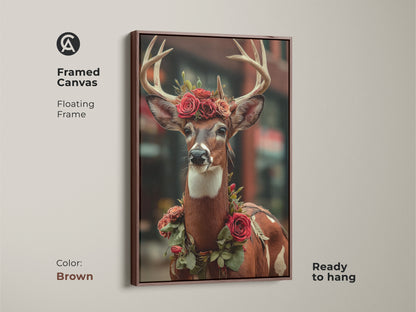 A framed canvas shows the deer with roses. It has a brown floating frame. The unique animal art is ready to hang. This canvas is ideal for eclectic nature-inspired home decor. A artistic deer portrait to add to your home.
