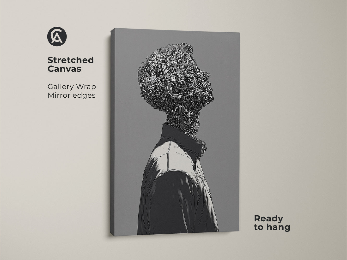 Stretched canvas art print featuring a cyborg man. The art has a gallery wrap with mirrored edges. This modern art piece is ready to hang. The artwork would look great in any home or office.