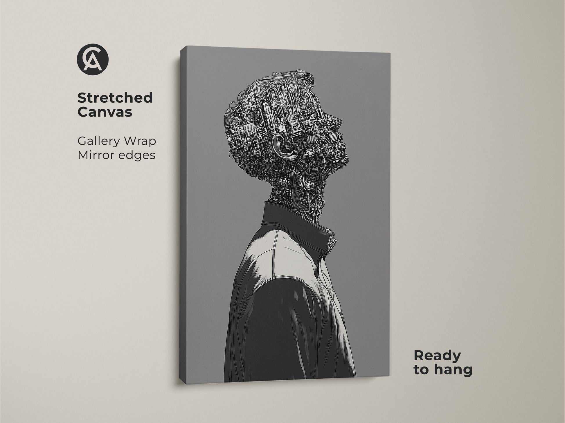 Stretched canvas art print featuring a cyborg man. The art has a gallery wrap with mirrored edges. This modern art piece is ready to hang. The artwork would look great in any home or office.