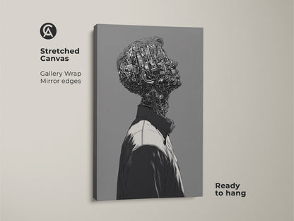 Stretched canvas art print featuring a cyborg man. The art has a gallery wrap with mirrored edges. This modern art piece is ready to hang. The artwork would look great in any home or office.