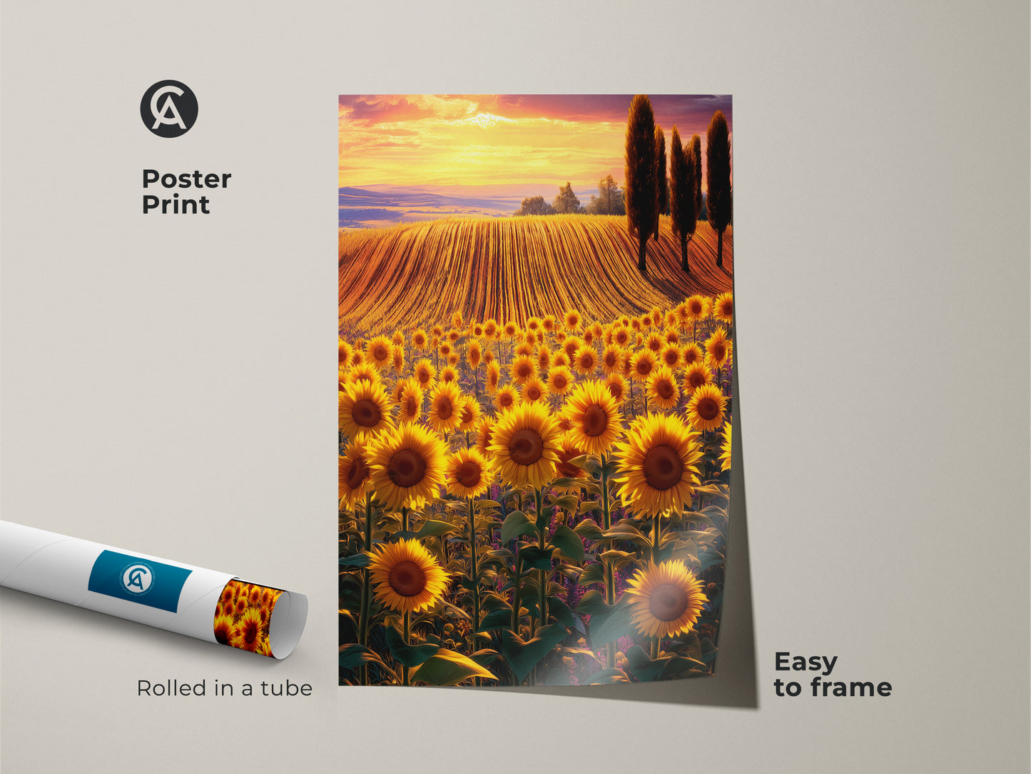 This poster print showcases a sunflower field landscape under a sunset. Rolled in a tube for easy framing. The artwork captures the essence of a sun-drenched countryside in an impressionist style. Add a piece of summer to your wall decor with this print.