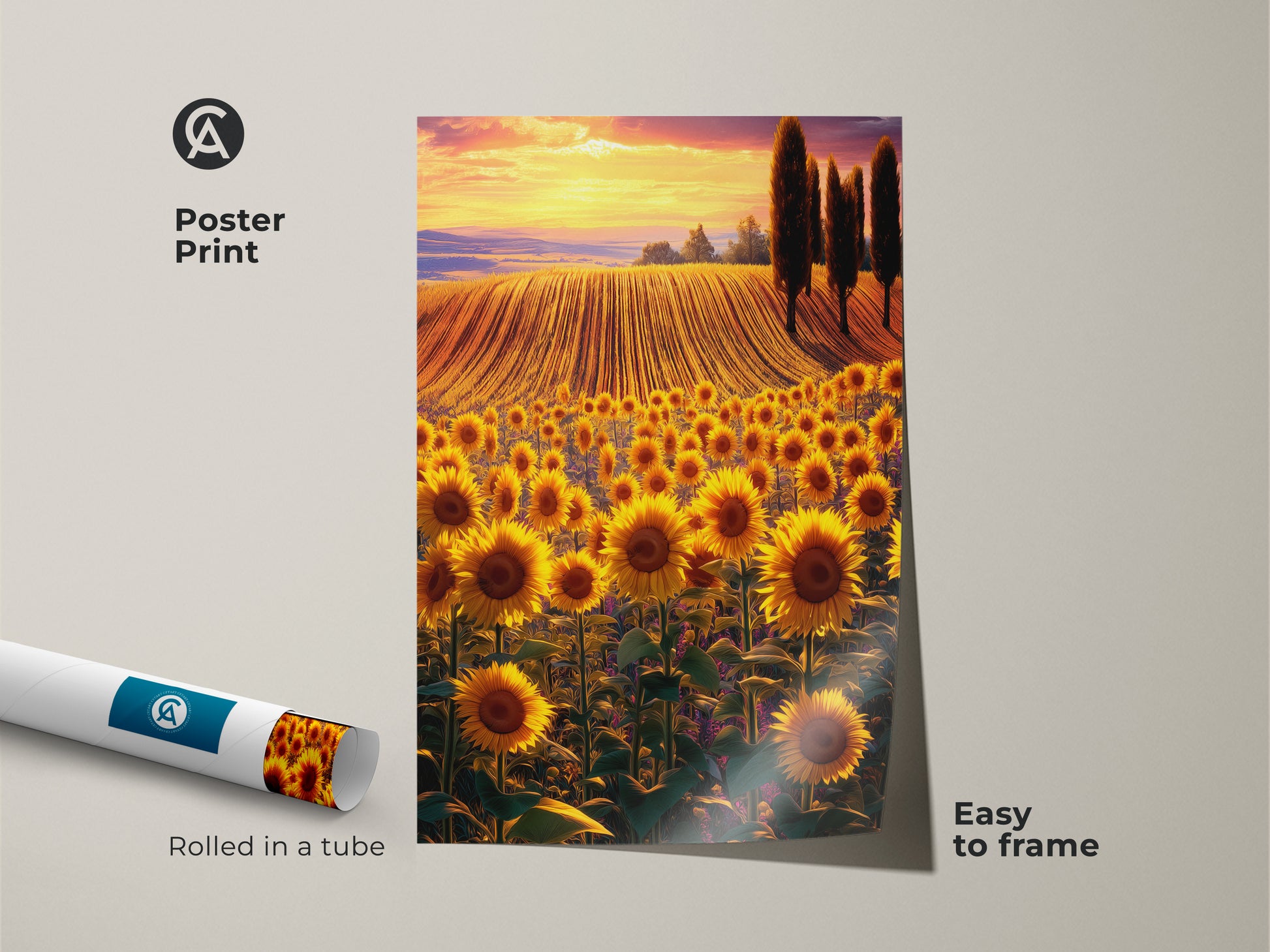 This poster print showcases a sunflower field landscape under a sunset. Rolled in a tube for easy framing. The artwork captures the essence of a sun-drenched countryside in an impressionist style. Add a piece of summer to your wall decor with this print.