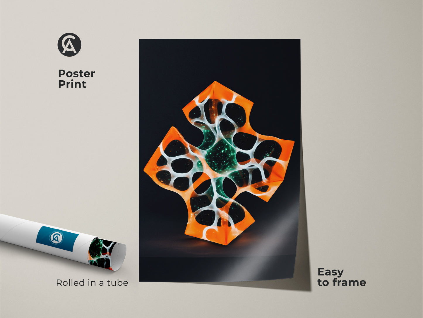 Abstract geometric cross art poster print rolled in a tube. The orange and white canvas offers easy framing. Modern artwork adds a unique touch. Perfect for tech enthusiasts seeking contemporary wall decor.