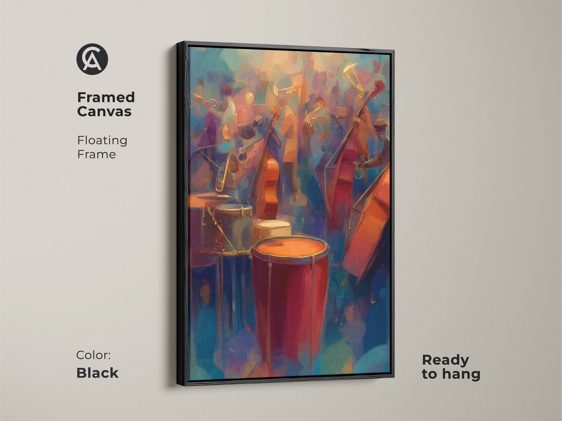 Abstract jazz band artwork is framed in black. The canvas features a floating frame. It's a ready-to-hang art piece. This eclectic wall decor is perfect for adding a musical touch.