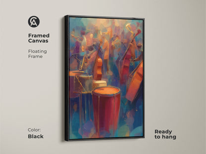 Abstract jazz band artwork is framed in black. The canvas features a floating frame. It's a ready-to-hang art piece. This eclectic wall decor is perfect for adding a musical touch.