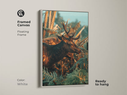 Framed canvas print of a deer and fern artwork with a white floating frame. Ready to hang this wildlife photography art brings a touch of nature indoors. The amber brown teal tones create a calming rustic atmosphere. Ideal for a nature lover's home or a hunting-themed decor. The framed print enhances the photorealistic details.