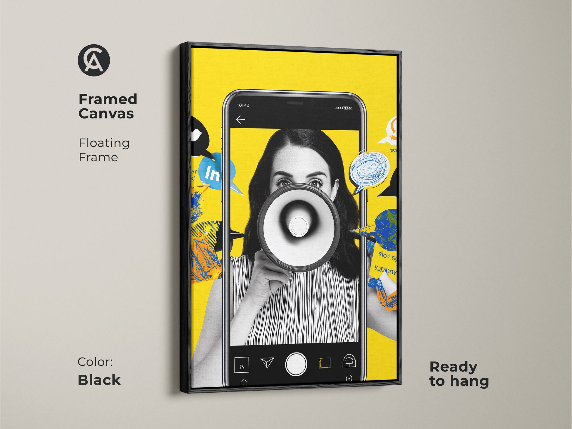 Framed canvas featuring social media collage artwork. The floating frame is in black. This office decor gift is ready to hang. The artwork uses vibrant yellow accents. Its a perfect piece for a marketing professional. This framed print adds modern style to any workspace.
